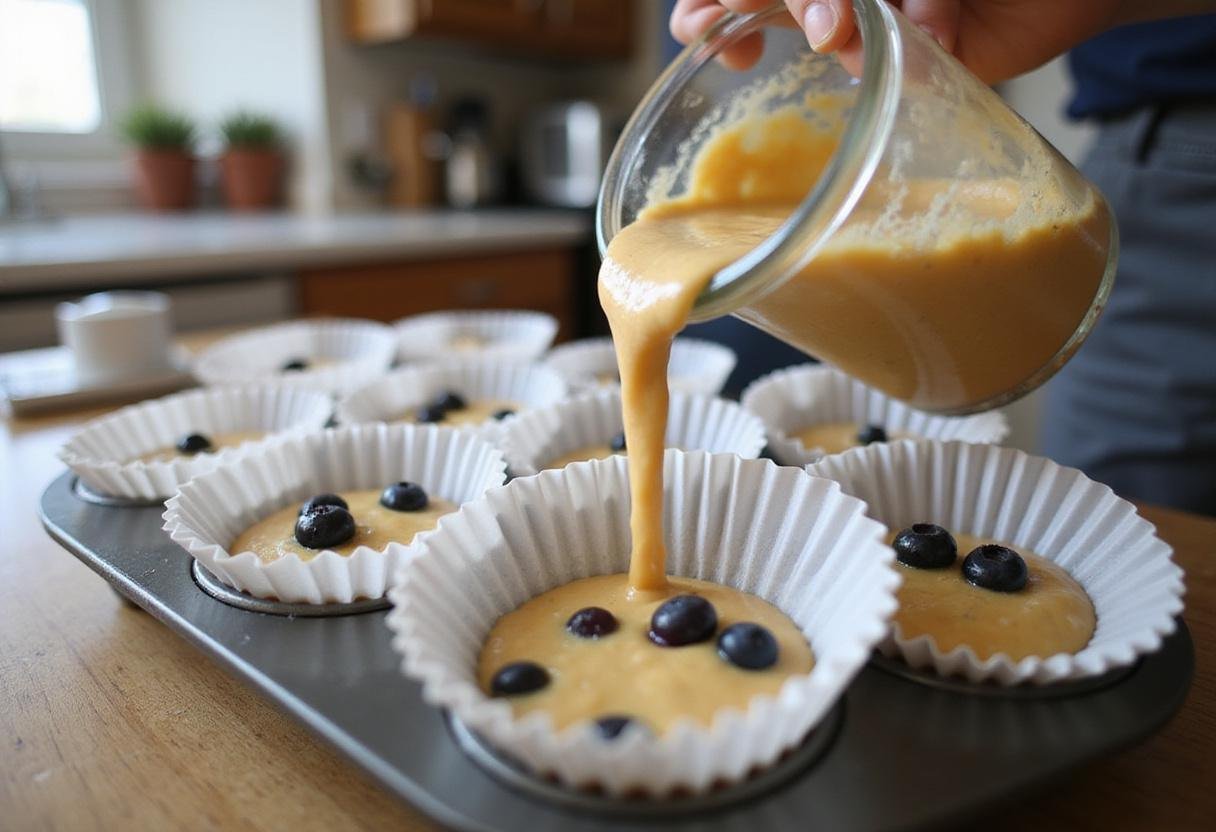 Pouring muffin batter into a tin for making blueberry sourdough muffins, capturing the excitement of the baking process in a sunlit kitchen.