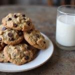 Deliciously baked gluten free oatmeal chocolate chip cookies served with a glass of almond milk, showcasing a paleo and low sugar treat.