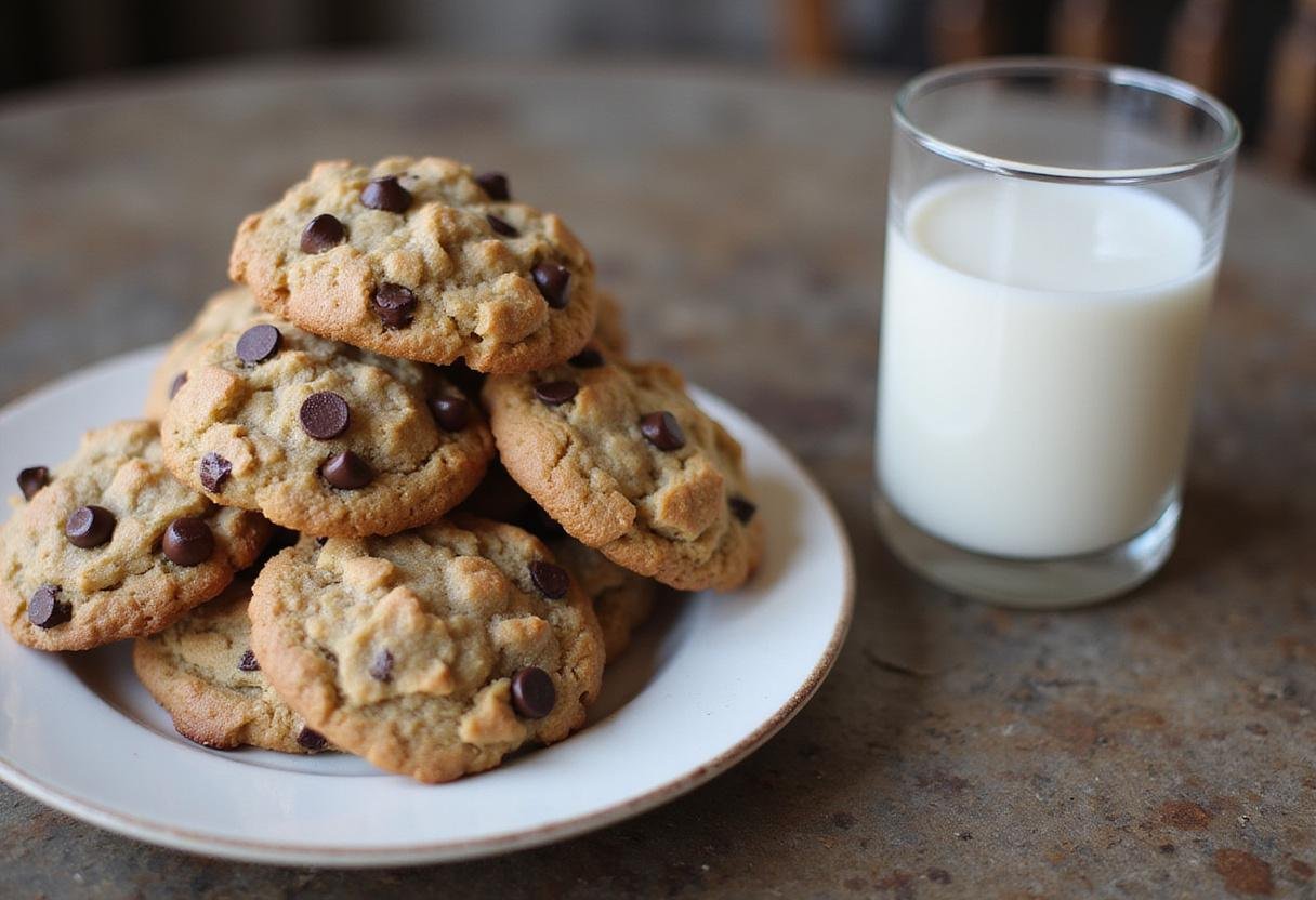 Deliciously baked gluten free oatmeal chocolate chip cookies served with a glass of almond milk, showcasing a paleo and low sugar treat.