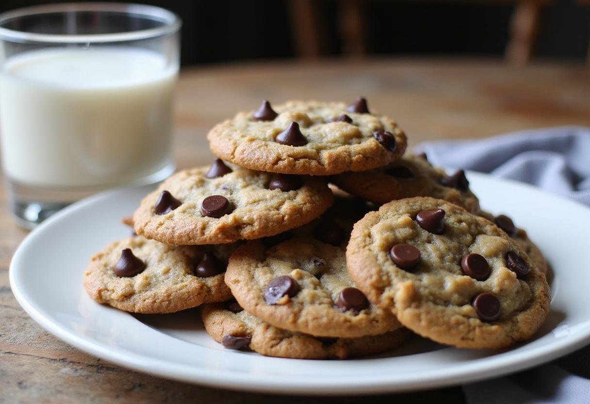 Deliciously baked gluten free oatmeal chocolate chip cookies served with a glass of almond milk, showcasing a paleo and low sugar treat.