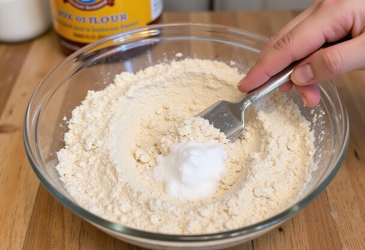 Mixing gluten-free oat flour, baking soda, and salt for gluten free oatmeal chocolate chip cookies on a wooden countertop.