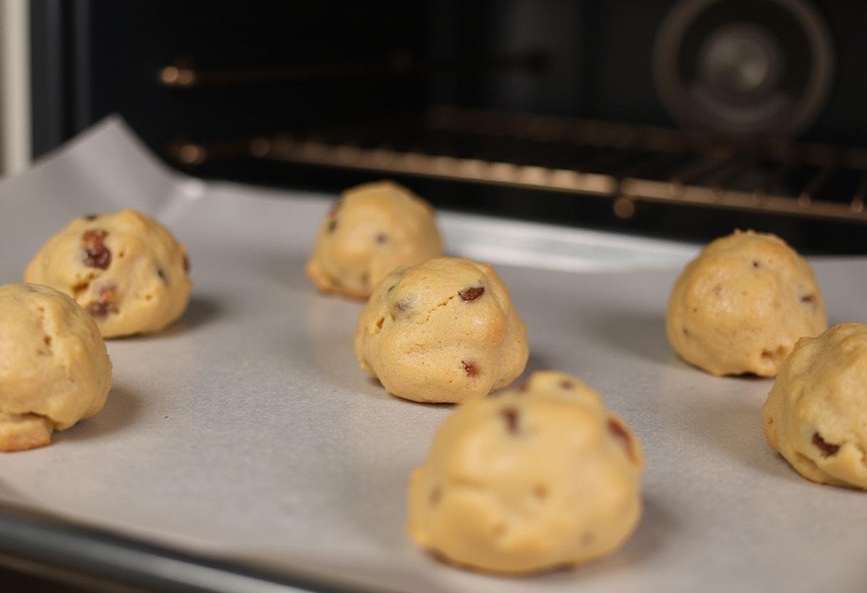 Placing cookie dough balls on a baking sheet for gluten free oatmeal chocolate chip cookies before baking.