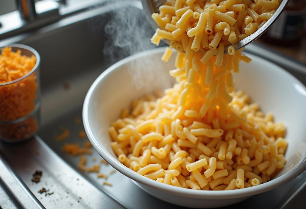draining cooked macaroni for buffalo chicken mac and cheese, mixing ingredients for a cheesy texture