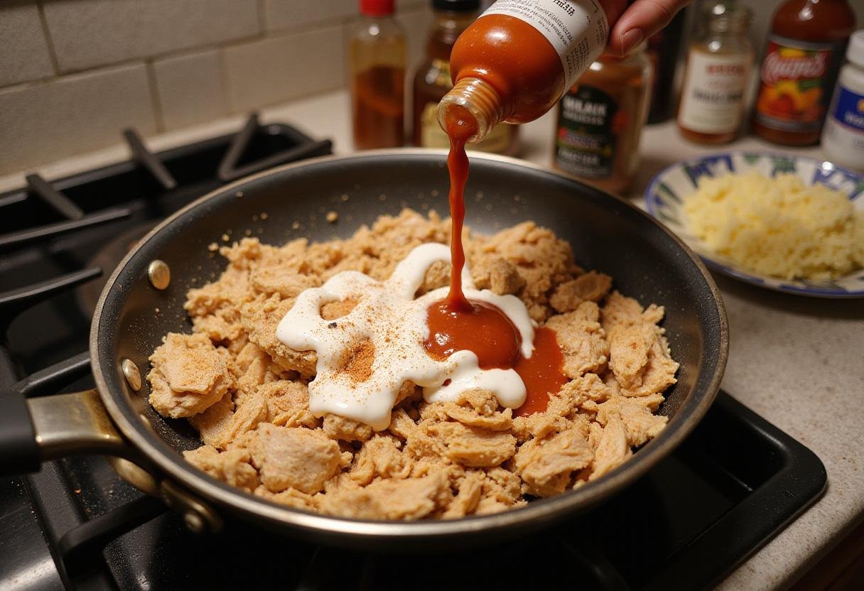 cooking chicken with spicy ranch dressing for chicken bacon ranch mac and cheese, preparing flavorful mix