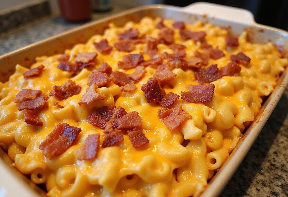 preparing spicy chicken mac and cheese for the oven, layering cheesy goodness with bacon