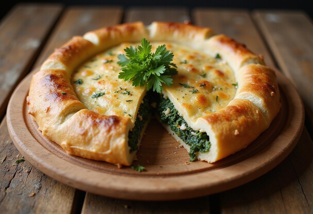 Golden-brown Spinach and Feta Filo Pie, a delicious savory dish perfect for any meal.