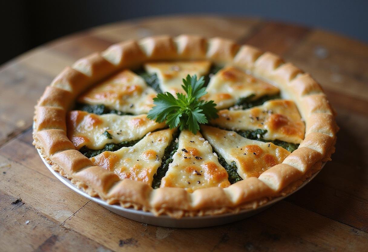 Golden-brown Spinach and Feta Filo Pie, a delicious savory dish perfect for any meal.