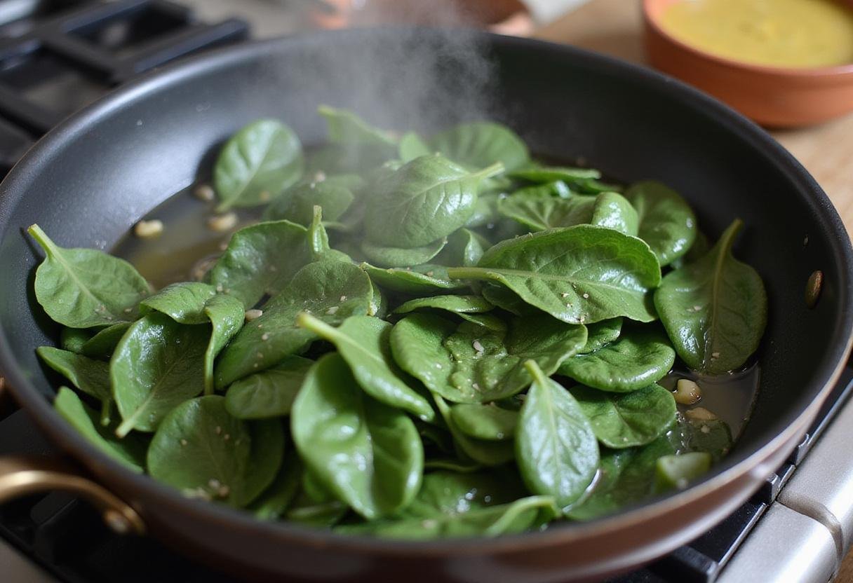 Fresh spinach sautéed with garlic in olive oil for a flavorful filling in a Spinach and Feta Filo Pie.