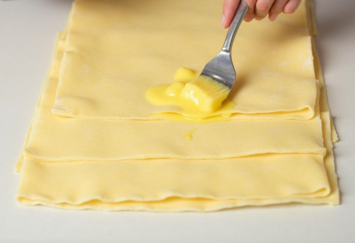 Layers of filo pastry brushed with butter for a crispy Spinach and Feta Filo Pie crust.