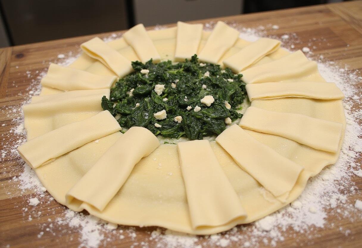 Assembling a Spinach and Feta Filo Pie with fresh filling in layers of crispy pastry.