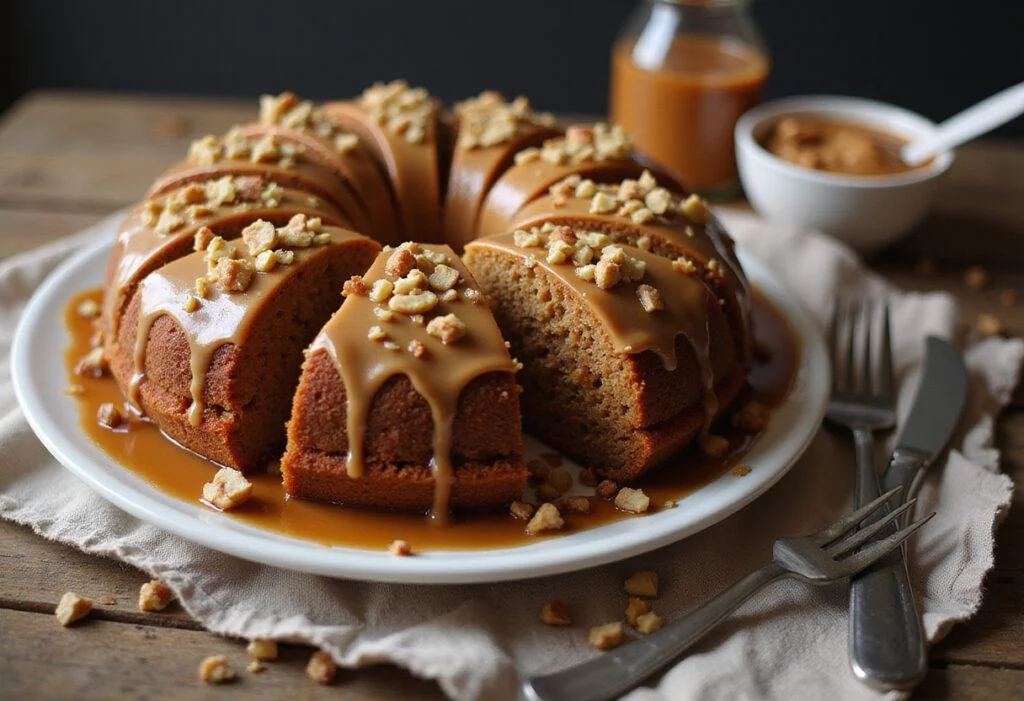 Delicious sticky toffee carrot cake presented on a rustic wooden table, showcasing its rich flavors and appealing garnishes.