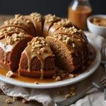 Delicious sticky toffee carrot cake presented on a rustic wooden table, showcasing its rich flavors and appealing garnishes.