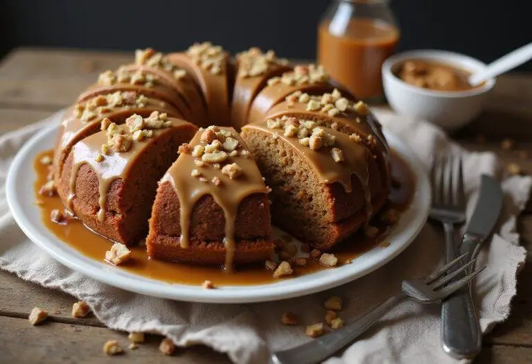 Delicious sticky toffee carrot cake presented on a rustic wooden table, showcasing its rich flavors and appealing garnishes.