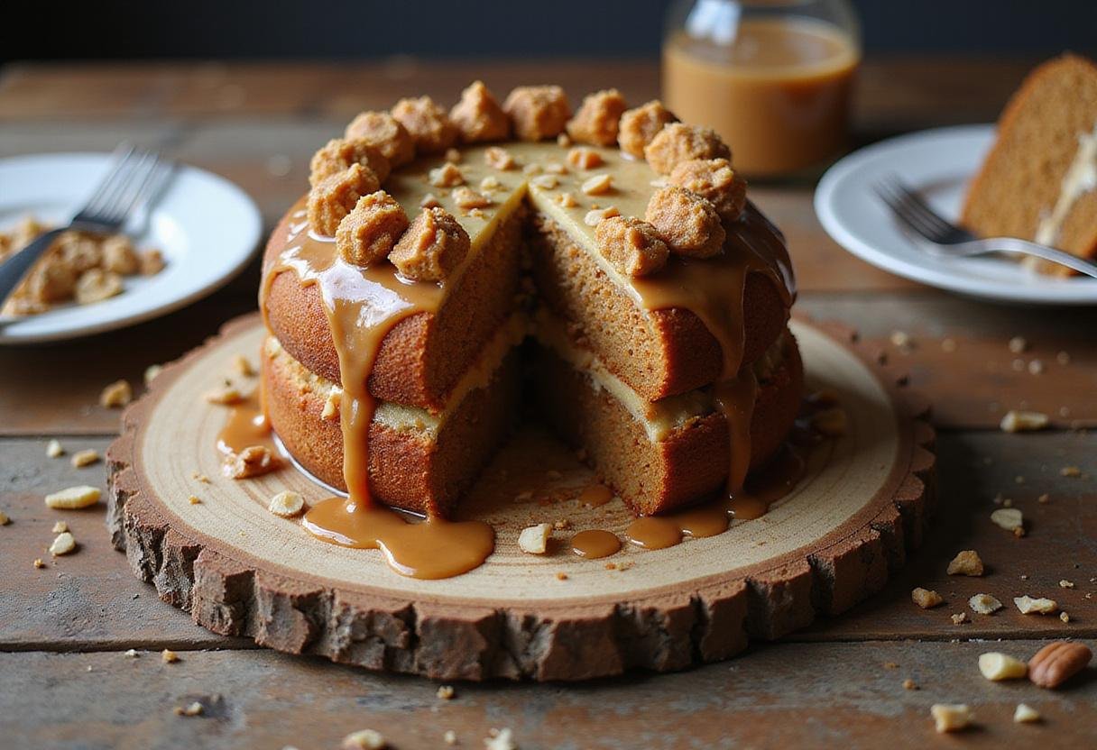 Delicious sticky toffee carrot cake presented on a rustic wooden table, showcasing its rich flavors and appealing garnishes.