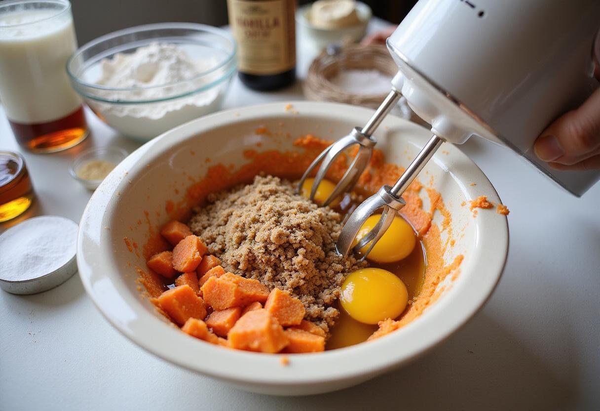 Making sticky toffee carrot cake mix with grated carrots, brown sugar, and eggs in a cozy kitchen setting.