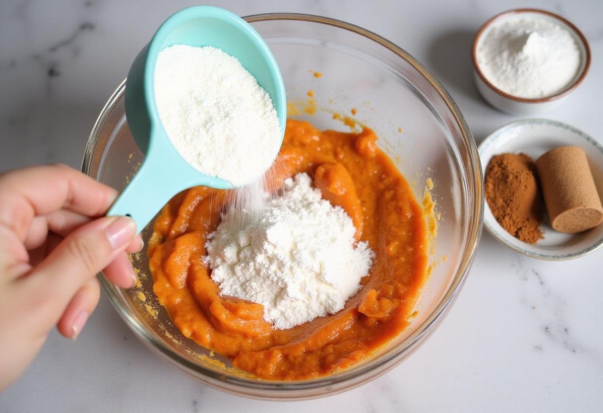 Adding flour and spices to the sticky toffee carrot cake batter with a focus on the aromatic ingredients enhancing the flavor.