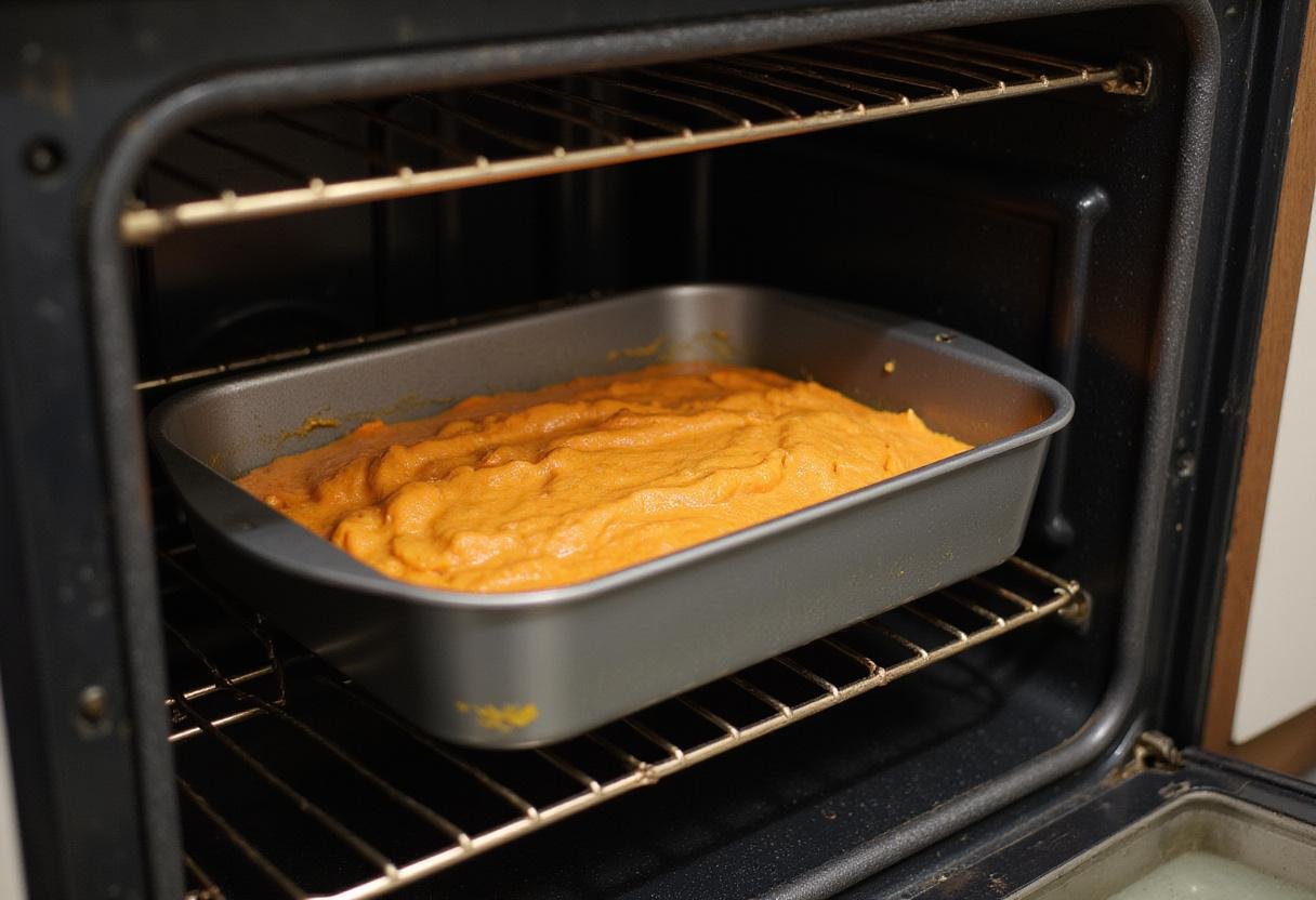 Preparing the sticky toffee carrot cake for baking, highlighting the oven and tools used in the kitchen.