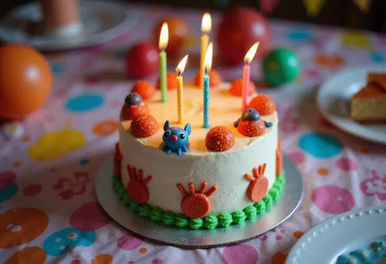 Stitch birthday cake displayed at a birthday party table.