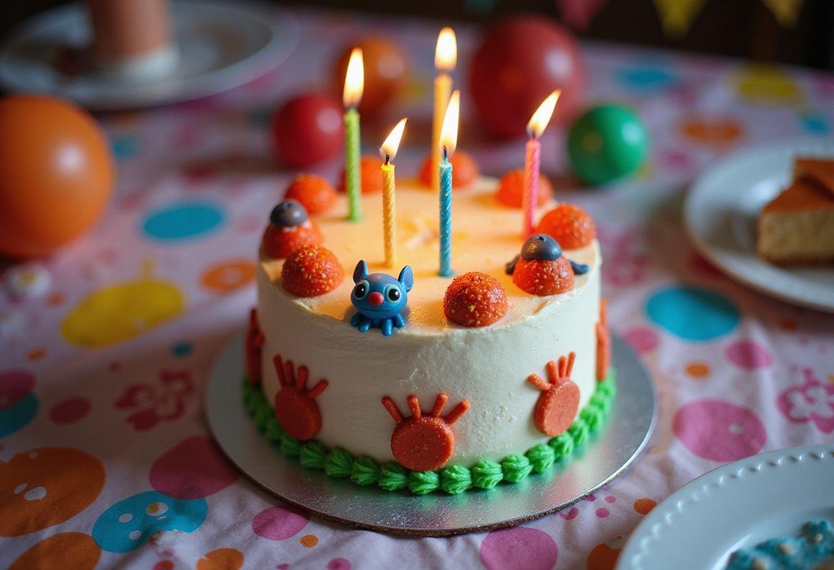 Stitch birthday cake displayed at a birthday party table.