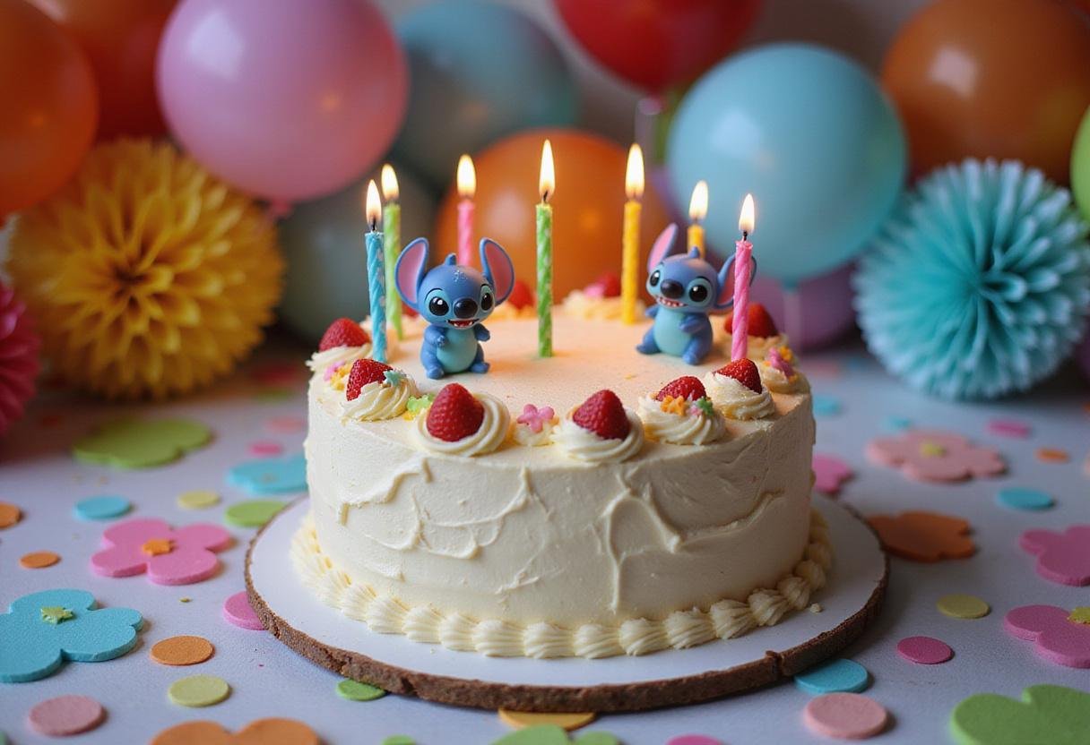 Stitch birthday cake displayed at a birthday party table.