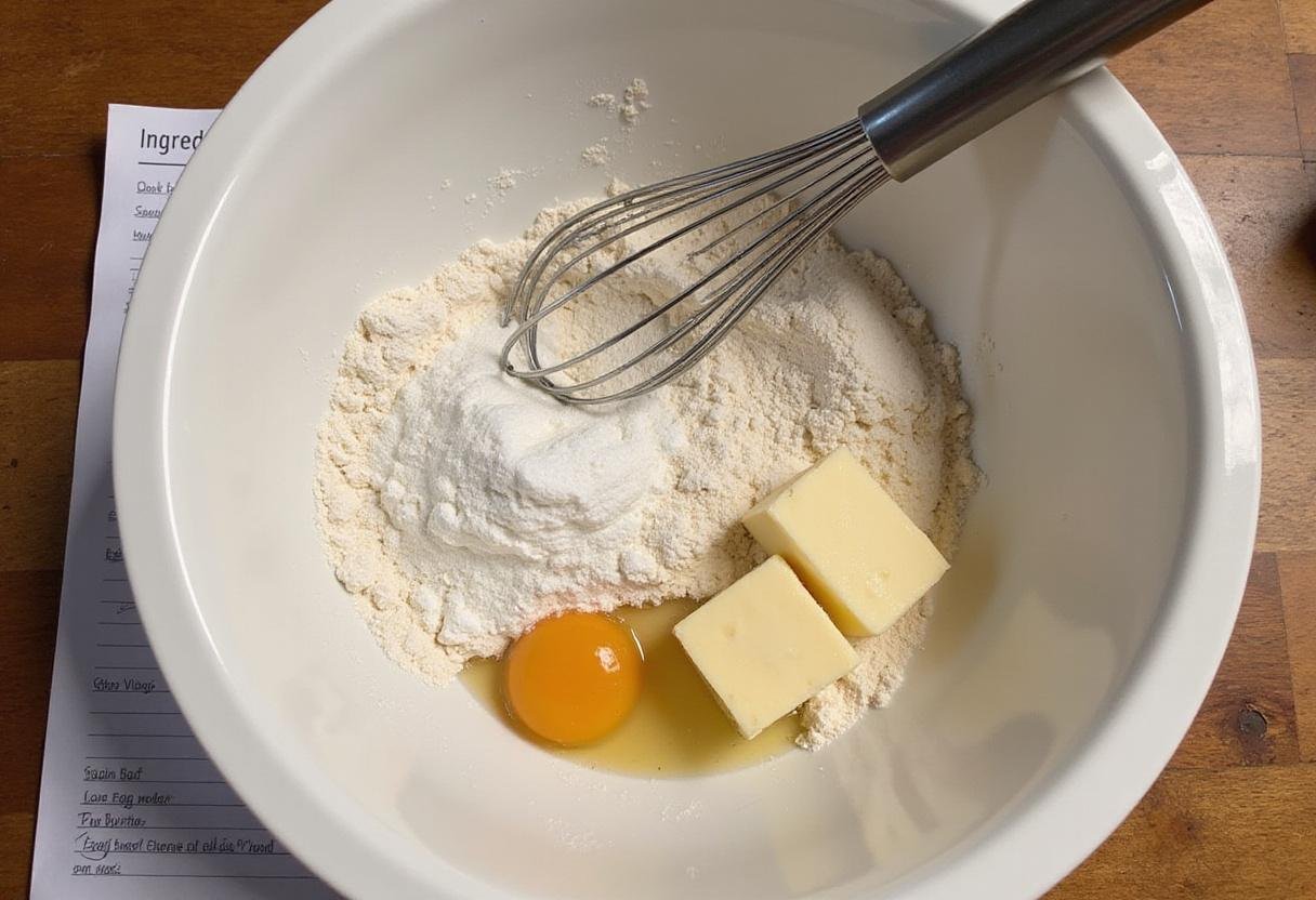 Mixing ingredients for stitch birthday cake on a wooden countertop.