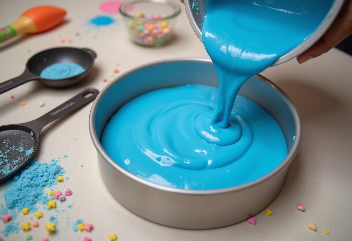 Pouring blue batter into pans for a stitch birthday cake.