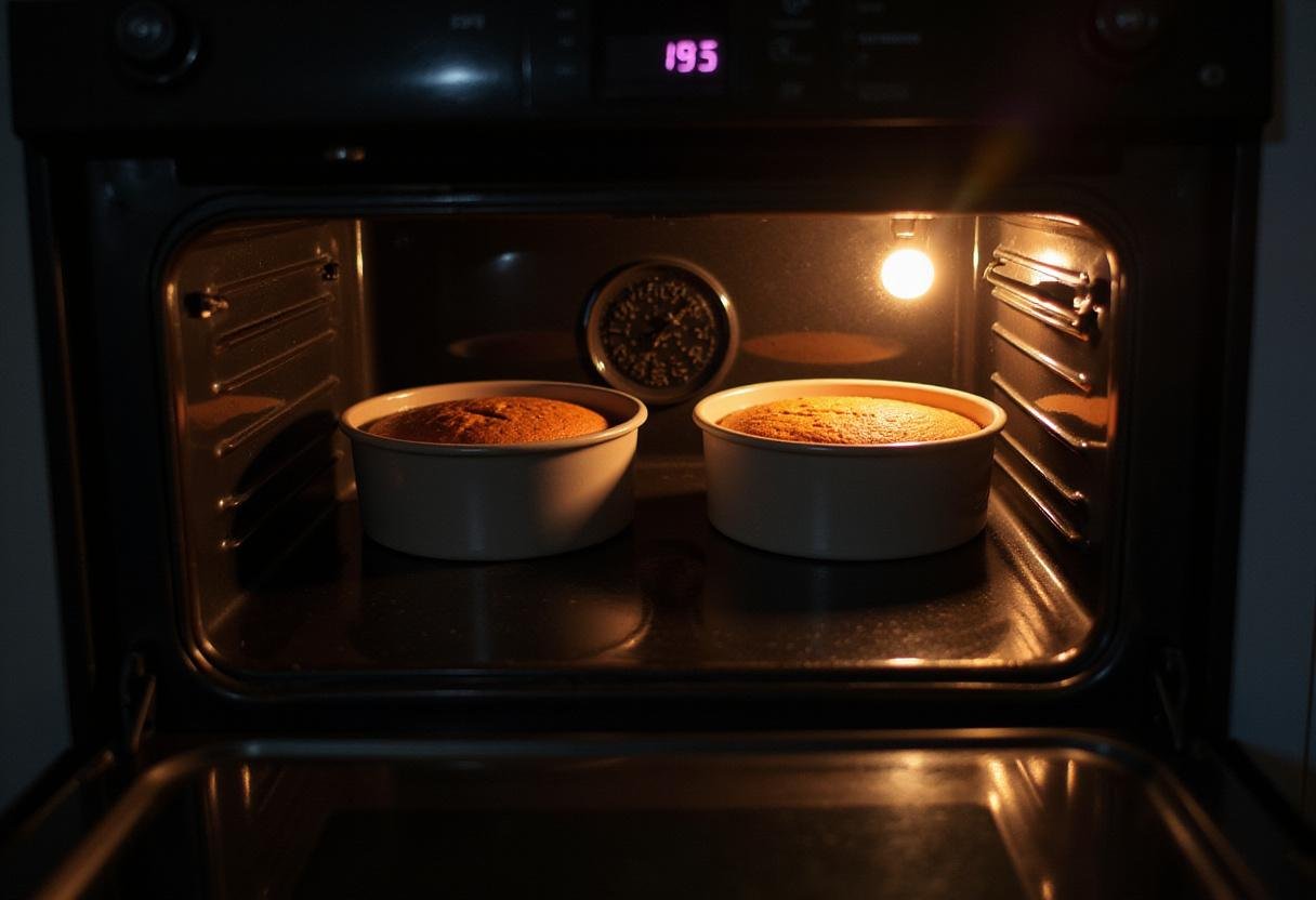 Baking stitch birthday cake in the oven with timer visible.