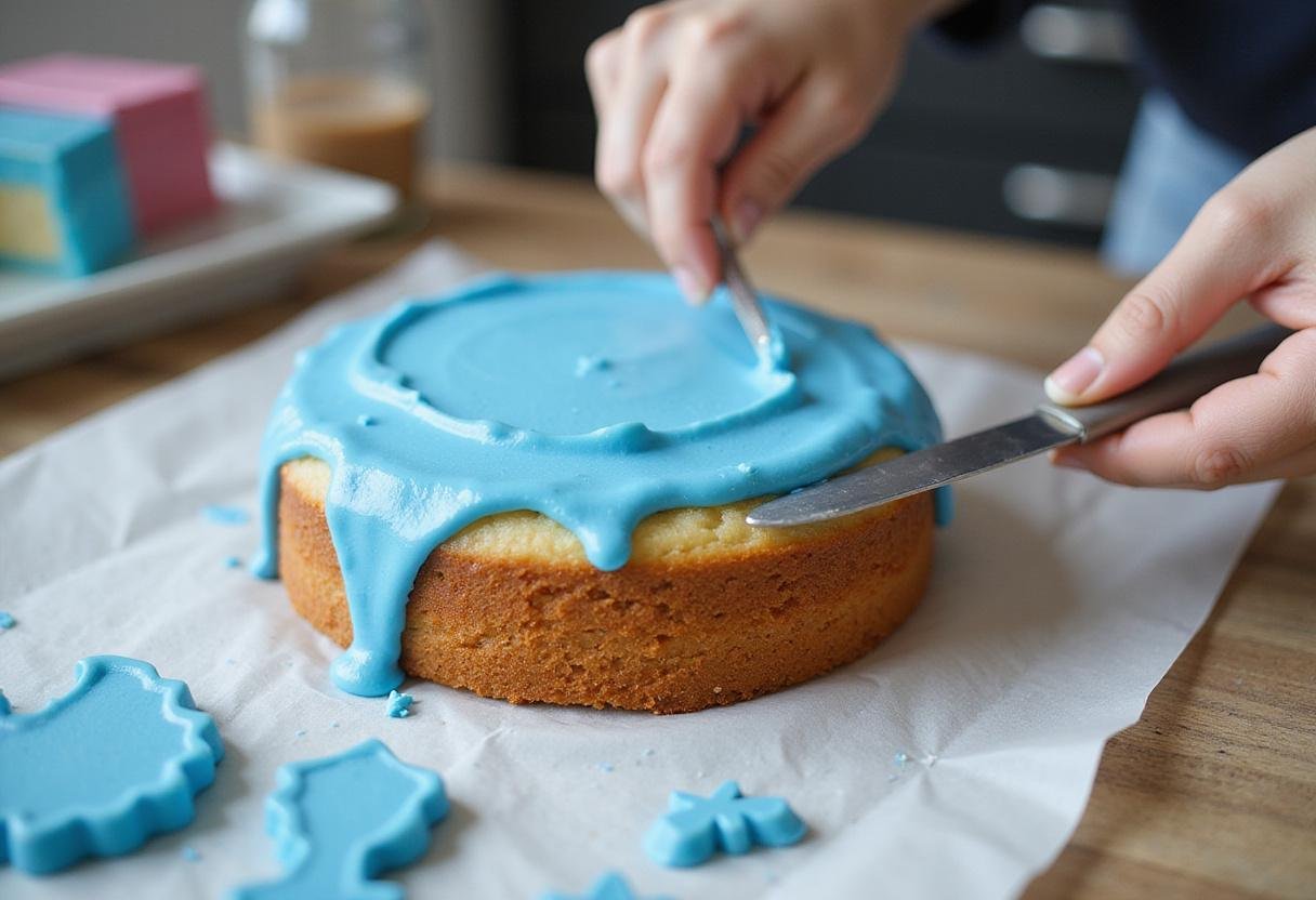 Frosting a stitch birthday cake with blue icing on the countertop.