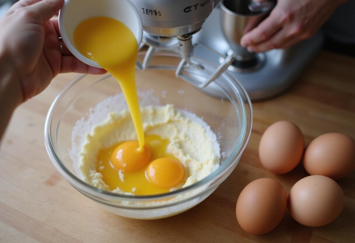 Adding eggs to the cake batter for the Taylor Swift birthday cake preparation in a well-lit kitchen.