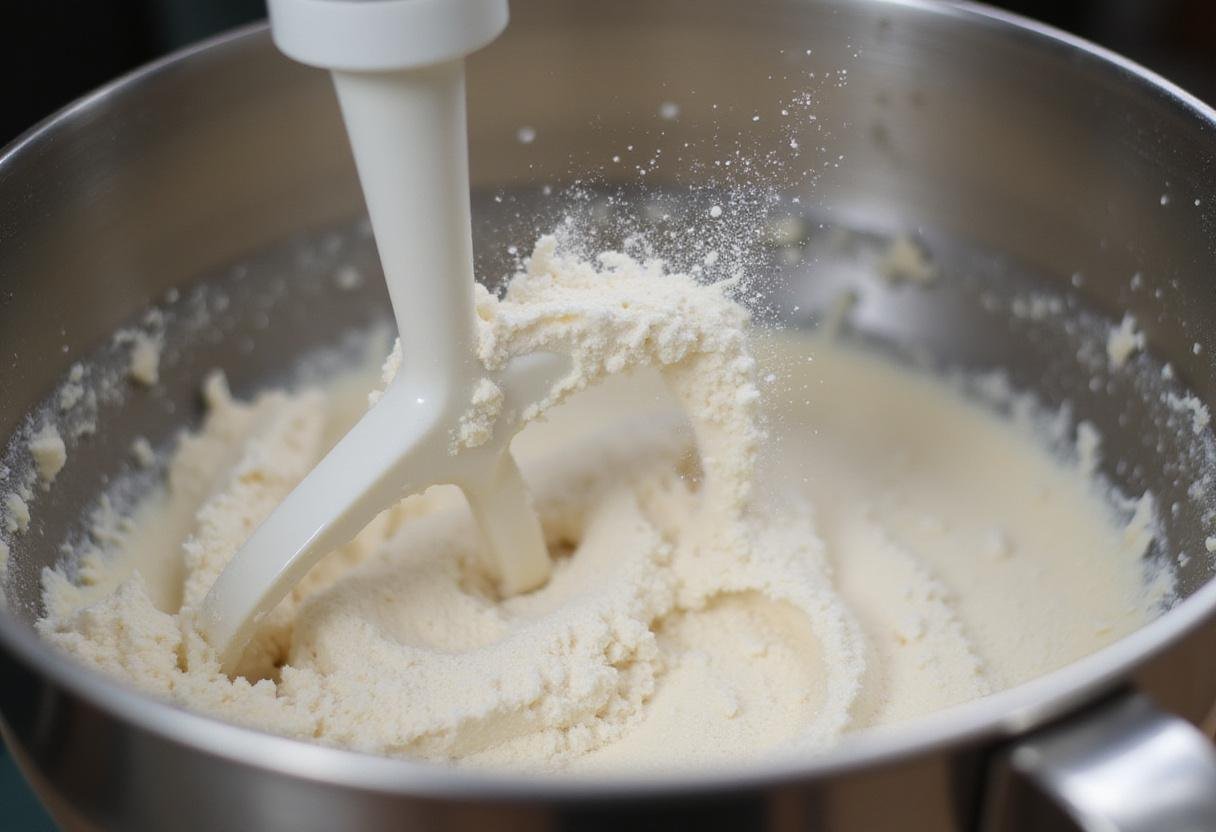 Mixing flour into the batter for Taylor Swift birthday cake, capturing the fluffy texture in the kitchen environment.