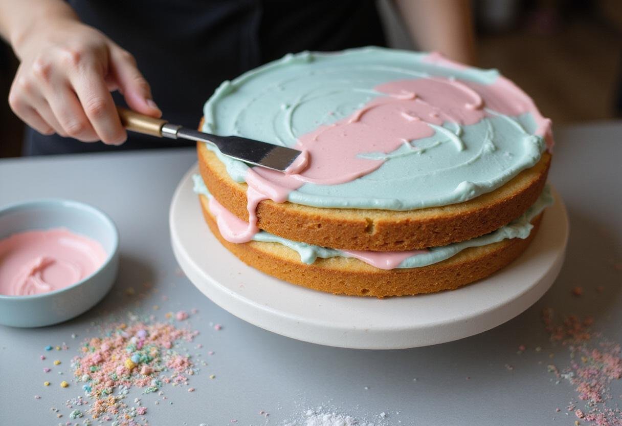 Frosting the Taylor Swift birthday cake with colorful icing, creating a stunning and festive appearance in the kitchen.