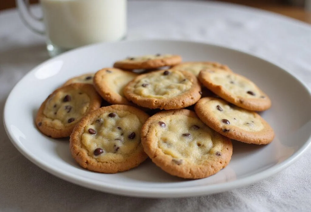 Final display of thin and crispy chocolate chip cookies, showing the delightful golden-brown texture perfect for a tasty snack.