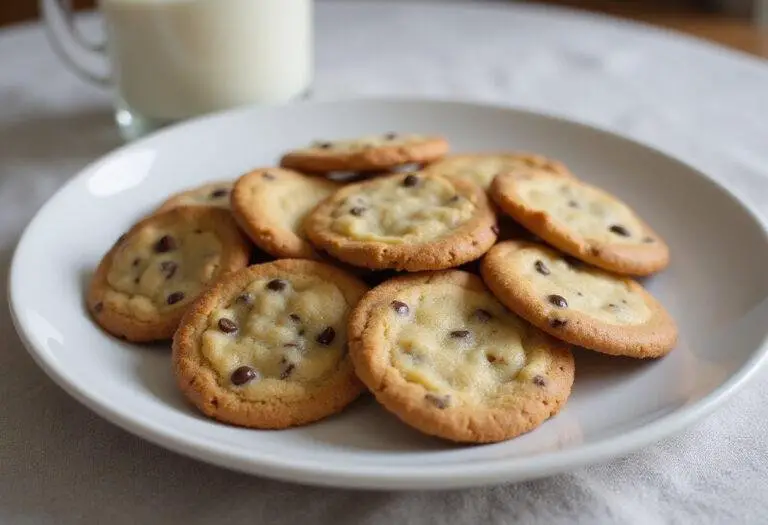 Final display of thin and crispy chocolate chip cookies, showing the delightful golden-brown texture perfect for a tasty snack.