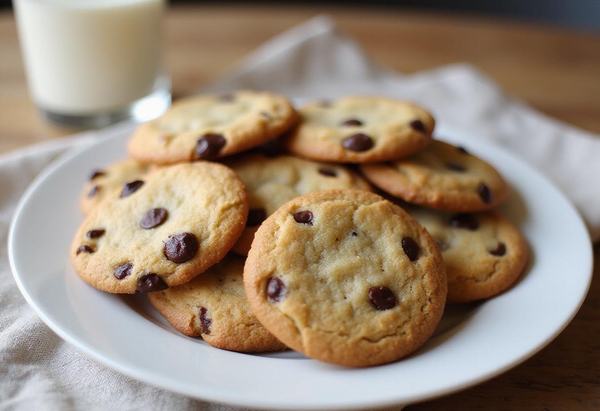 Final display of thin and crispy chocolate chip cookies, showing the delightful golden-brown texture perfect for a tasty snack.