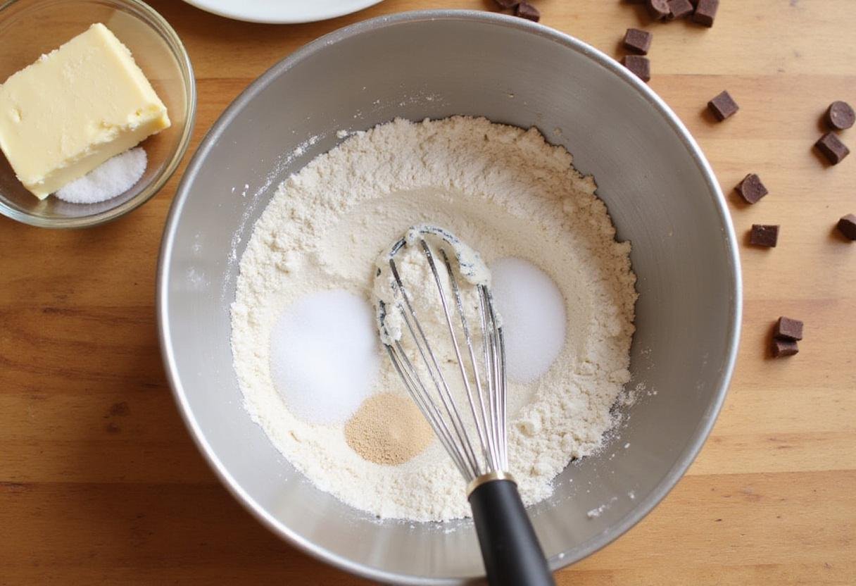 Mixing flour, baking soda, and salt for thin and crispy chocolate chip cookies. Perfect for a delightful homemade dessert.