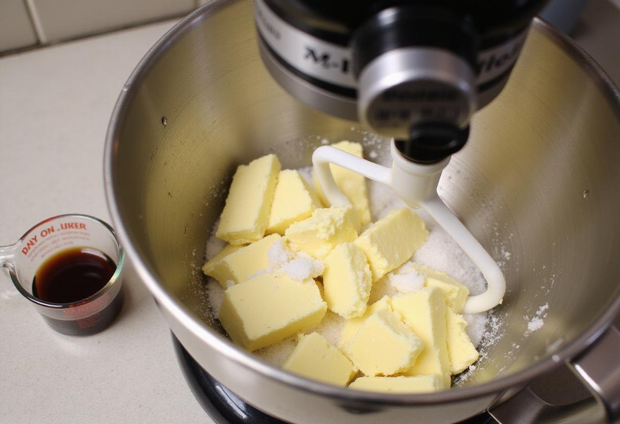 Creaming butter and sugar to prepare the dough for thin chocolate chip cookies. Ideal for creating crispy cookies without chunks.