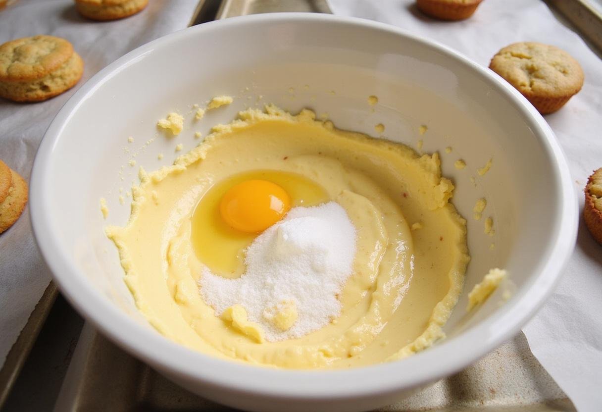 Adding an egg into the creamed mixture for thin and crispy chocolate cookies, ensuring a smooth texture for perfect baking.