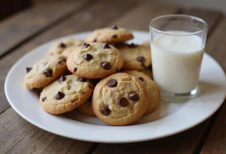 Deliciously baked toffee chocolate chip cookies displayed with a glass of milk on a wooden table.