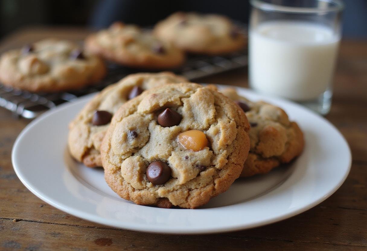 Deliciously baked toffee chocolate chip cookies displayed with a glass of milk on a wooden table.