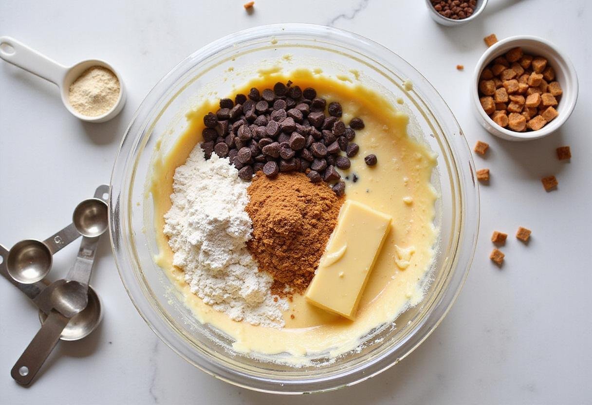 Adding chocolate chips and toffee bits for toffee chocolate chip cookies in a mixing bowl, with measuring spoons in a cozy kitchen.