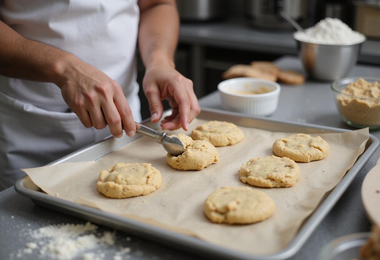 Scooping dough for toffee chocolate chip cookies onto a baking tray, showcasing the homemade baking process.