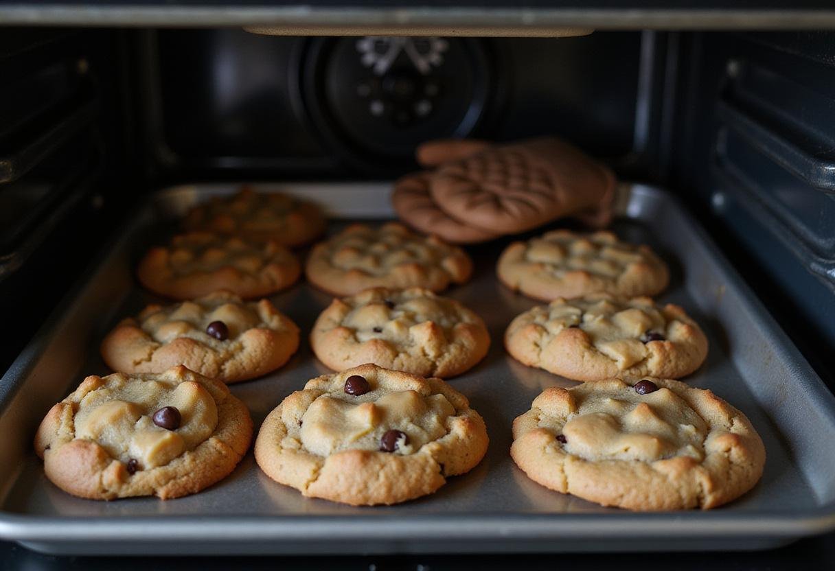 Baking toffee chocolate chip cookies in the oven, displaying golden-brown cookies about to be taken out.