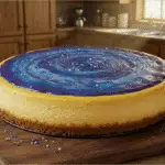 Final presentation of a Twilight-Inspired Ravenclaw Butterbeer cheesecake with cosmic glaze, perfect for high protein dessert lovers.