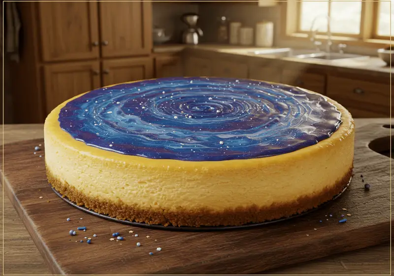 Final presentation of a Twilight-Inspired Ravenclaw Butterbeer cheesecake with cosmic glaze, perfect for high protein dessert lovers.