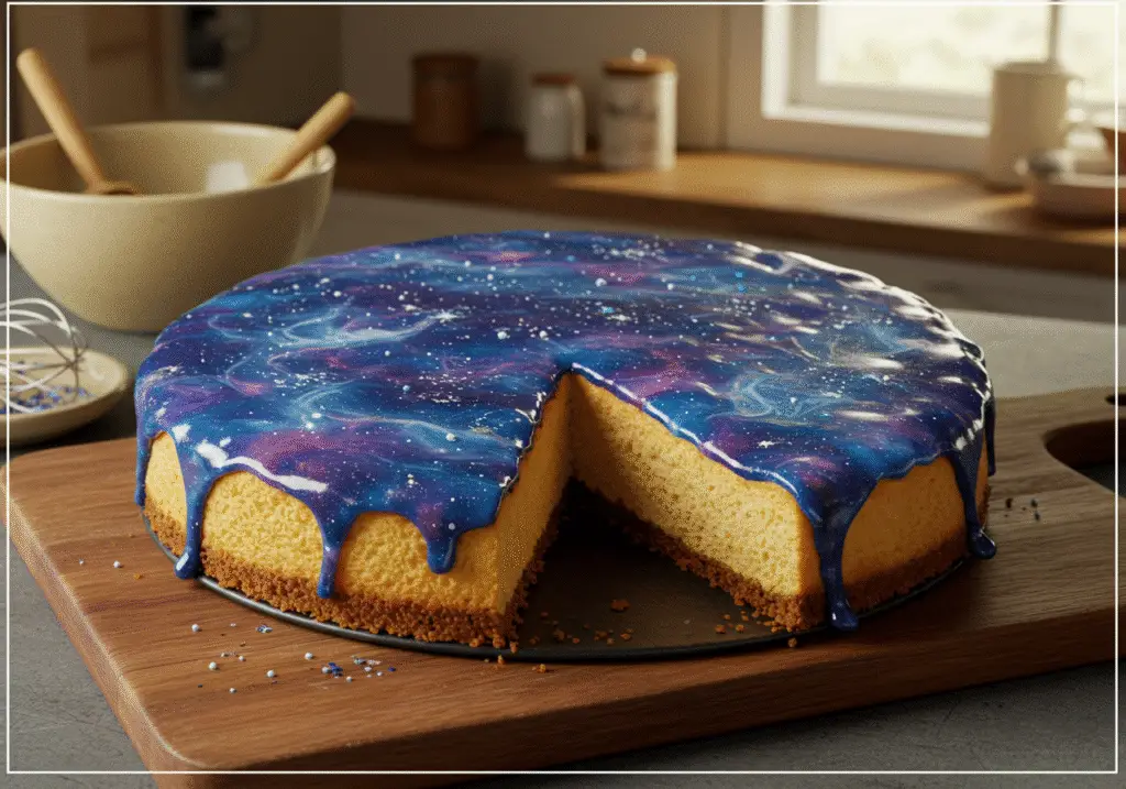 Final presentation of a Twilight-Inspired Ravenclaw Butterbeer cheesecake with cosmic glaze, perfect for high protein dessert lovers.