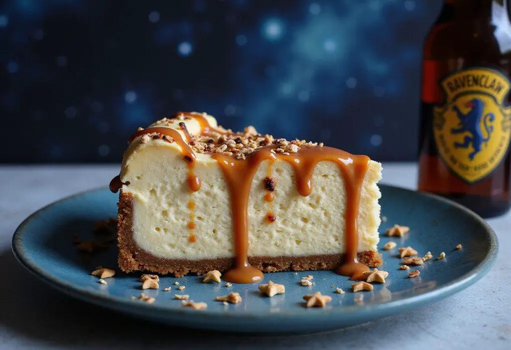Serving a slice of Twilight-Inspired Ravenclaw Butterbeer Cheesecake with a Cosmic Glaze, showcasing its allure with a starry garnish and stunning presentation.