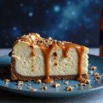 Serving a slice of Twilight-Inspired Ravenclaw Butterbeer Cheesecake with a Cosmic Glaze, showcasing its allure with a starry garnish and stunning presentation.