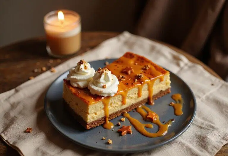 Final presentation of a Twilight-Inspired Ravenclaw Butterbeer cheesecake with cosmic glaze, perfect for high protein dessert lovers.