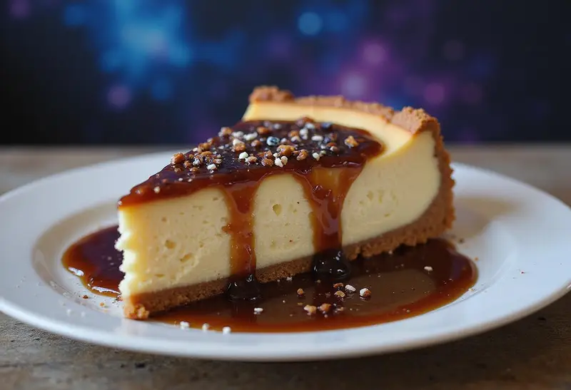 Serving a slice of Twilight-Inspired Ravenclaw Butterbeer Cheesecake with a Cosmic Glaze, showcasing its allure with a starry garnish and stunning presentation.