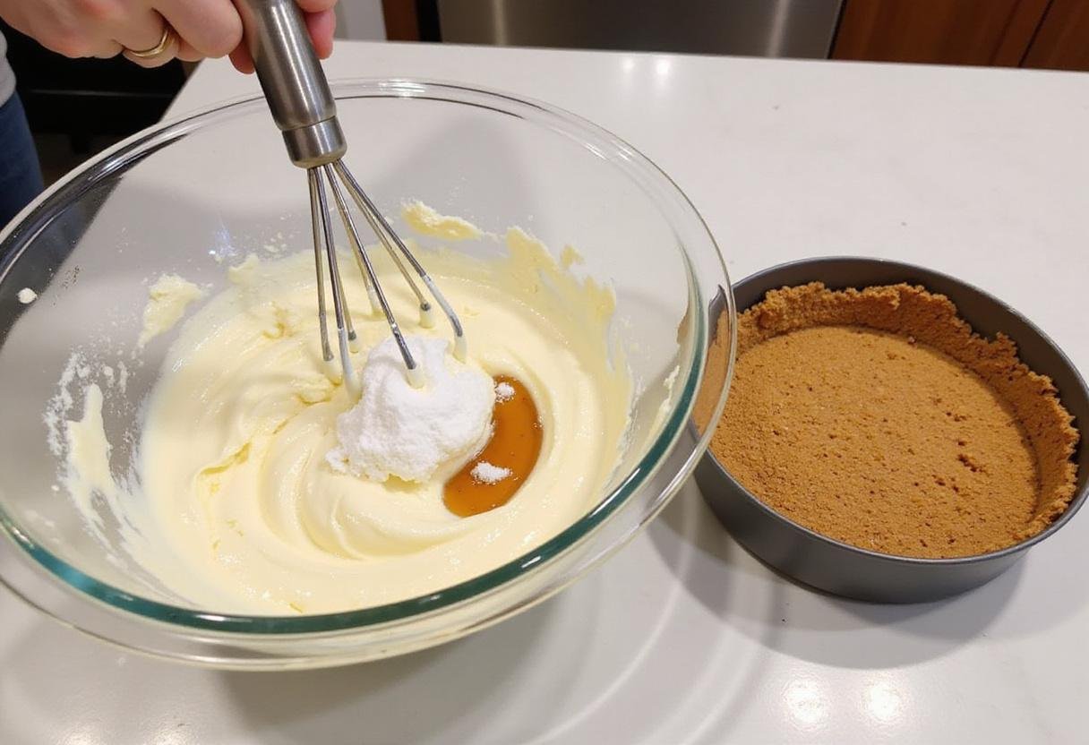 High protein cheesecake preparation featuring mixing cream cheese, sugar, and vanilla for Ravenclaw Butterbeer cheesecake.